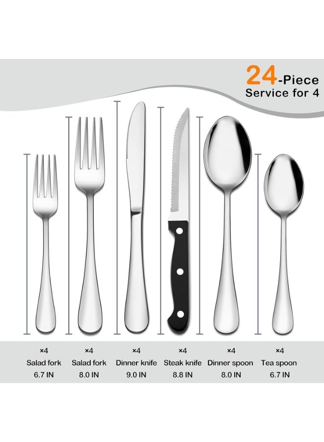 أل أيه بريشوس طقم أدوات مائدة فضية مكون من 24 قطعة مع سكاكين شرائح اللحم، طقم أدوات مائدة من الفولاذ المقاوم للصدأ لأربعة أشخاص، مصقول كالمرآة، آمن للغسل في غسالة الأطباق - Image 3